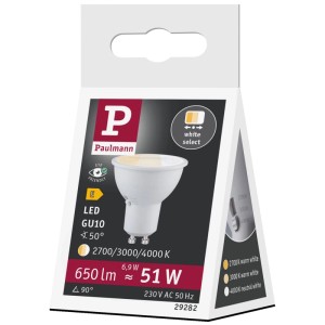 Paulmann LED-Reflektor GU10 in Verpackung. 3 Lichtfarben wählbar (2700K, 3000K, 4000K), 650 lm, 6,9 W.