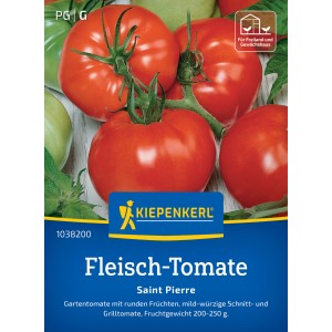 Graines de tomate charnue Kiepenkerl Saint Pierre : Tomates rouges et rondes sur l'emballage.