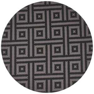 Runder Outdoor-Teppich Ajmer (Ø 160 cm) mit schwarzem geometrischem Muster auf grauem Grund. Jacquardgewebt, Polypropylen.