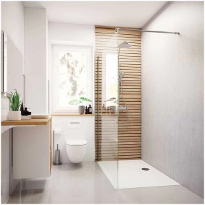 Bagno con pannello posteriore doccia Breuer effetto legno Scandi orizzontale 150x255 cm.