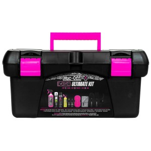 Muc-Off Reinigungsset eBike Ultimate, 12-teilig im schwarzen Koffer mit pinken Details.