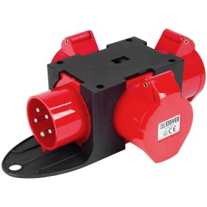 Distributore CEE Steffen 16/5, rosso-nero, con spina e 3 prese per uso esterno.