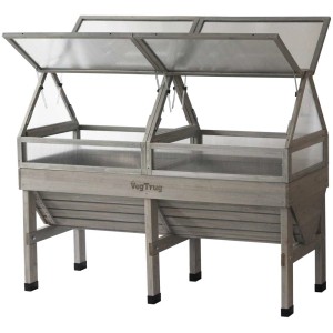 Serra a tunnel per letto rialzato VegTrug grigia con alette aperte. Accessorio per letti rialzati.