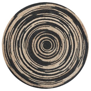 Tapis rond Artora en jute beige et noir avec motif spirale, diamètre 140 cm.