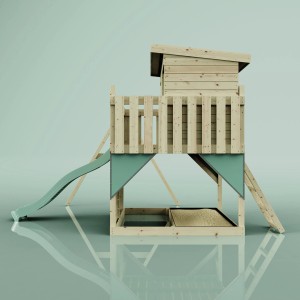Torre gioco PolarPlay Tjorven con scivolo e altalena, verde menta, in legno.