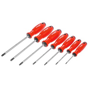 Jeu de tournevis Technocraft TX, 7 pièces avec manches rouges et différentes tailles.