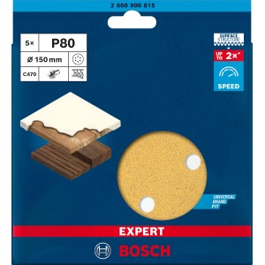 Disque abrasif Bosch Expert C470, Ø 150 mm, grain 80, 5 pièces. Accessoire pour ponceuse excentrique.