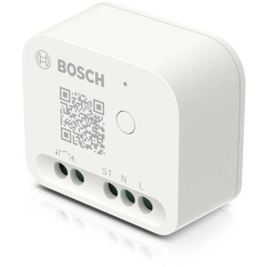 Bosch Smart Home Relais, weiß, zur Hausfunksteuerung. Kompaktes Modul mit Anschlüssen und QR-Code.