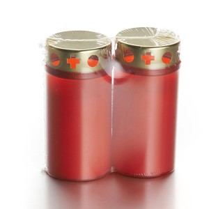 2 rote Grabkerzen mit goldenem Deckel im Set, Brenndauer ca. 50h.