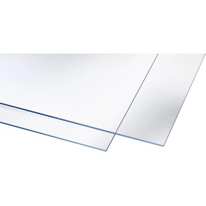 Lastra in polistirolo trasparente, 5 mm di spessore, superficie liscia, 1000x500 mm.