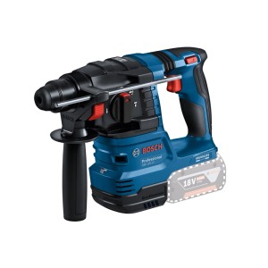 Bosch Professional Akku-Bohrhammer GBH 18V-22 Solo, blau-schwarz, mit Zusatzhandgriff und Tiefenanschlag.