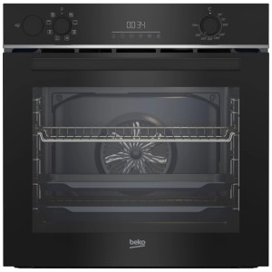 Four encastrable Beko noir 72 l avec boutons rotatifs, affichage numérique et intérieur éclairé. Deux grilles visibles.