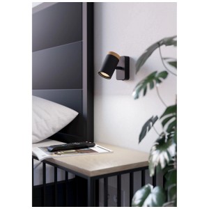 Eglo Consuma applique murale : Spot en acier noir avec bois, idéal comme lampe de chambre.