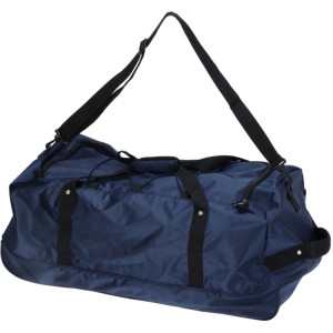 Sac de voyage bleu marine en polyester, 110 l, avec poignées et bandoulière.