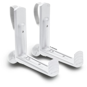 Deux supports blancs pour jardinière Lechuza avec boucles textiles pour fixation sur rambarde ou mur.