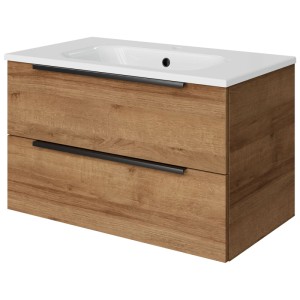 Meuble sous-vasque Pelipal Quantum 07, chêne Riviera, largeur 60 cm, avec 2 tiroirs et poignées noires.