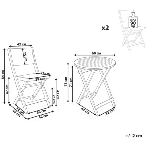 Disegno tecnico del set bistrò Beliani Prossedi: tavolo pieghevole (Ø 60 cm, H 73 cm) e sedia (H 84 cm, max. 90 kg).