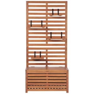 Panca da giardino Matino in legno di acacia marrone con contenitore e mensola a muro.
