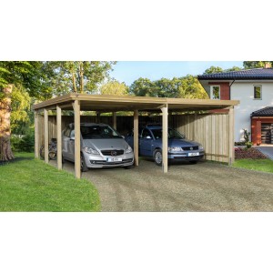 Doppio carport Weka 618 senza pannelli per tetto, struttura in legno per due posti auto.