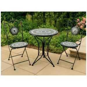 Set di mobili da giardino 3 pezzi con mosaico: tavolo e due sedie in ferro grigio per balcone o terrazza.