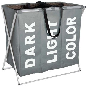 Cesto portabiancheria Wenko Trio grigio, 130 l, con 3 scomparti per la separazione del bucato.