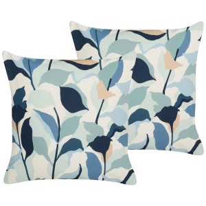 Zwei quadratische Gartenkissen 45x45 cm mit farbenfrohem Pflanzenmuster in Blau, Beige auf hellem Polyester. 2er-Set.