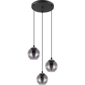 Moderna lampada a sospensione Eglo Ariscani con tre sfere di vetro trasparenti e struttura in acciaio nero.