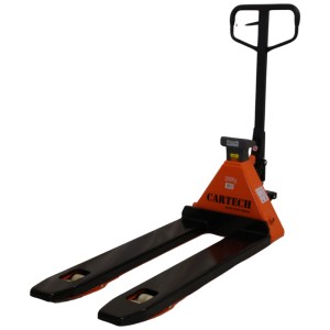 Transpallet Cartech con bilancia, portata 2000 kg, arancione/nero. Attrezzatura edile per magazzino e logistica.