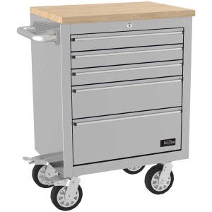 Chariot d'atelier Güde GW 5 Inox, non équipé, avec 5 tiroirs et plateau en bois sur roulettes.