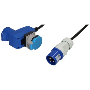 Rallonge CEE maxCamp, 1,5 m, avec fiche CEE16 bleue et connecteur coudé pour usage extérieur.