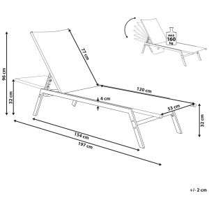 Lettino da giardino Beliani Noli, rivestimento in tessuto bianco, struttura in acciaio, dimensioni disegnate.