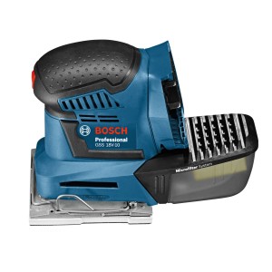 Ponceuse vibrante sans fil Bosch Professional GSS 18V-10 avec boîtier à poussière.