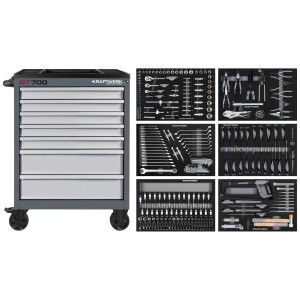 Servante d'atelier Kraftwerk BT700, équipée de 301 outils, servante en acier gris avec tiroirs et assortiment d'outils.