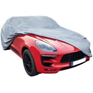 Housse de voiture grise taille XL protégeant une voiture rouge du gel et des intempéries.