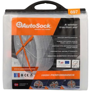 AutoSock aide d'urgence hivernale groupe 697 dans un sac de transport transparent.