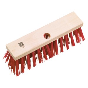 Balai de voirie LUX Elaston avec poils rouges et corps en bois laqué.