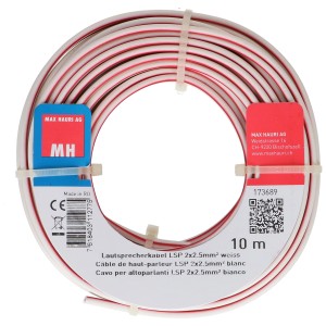 Cavo per altoparlanti bianco LSP 2x2,5 mm², rotolo da 10 m per connessioni audio e video.