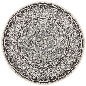 Tapis rond à poils courts avec motif mandala noir et crème, Ø 120 cm.