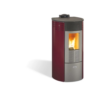 Poêle à granulés Ecofox, rond, couleur bordeaux. Poêle confortable pour une chaleur agréable dans la maison.