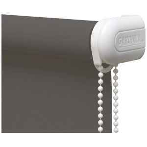 Store enrouleur latéral Gardinia, translucide, gris, avec chaînette et support blanc.