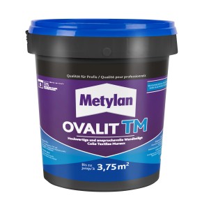 Barattolo di additivo per colla Metylan Ovalit TM, adatto per carta da parati ruvida e vinilica.