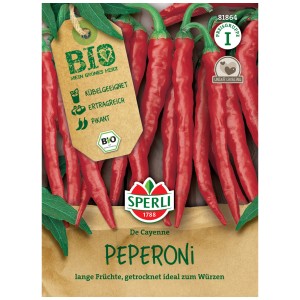 Sachet de graines Sperli Piment de Cayenne Bio avec des piments rouges allongés.