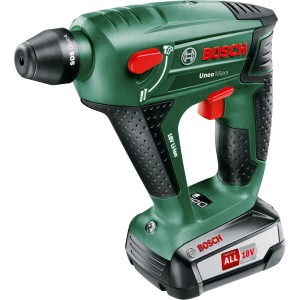 Trapano a percussione a batteria Bosch Uneo Maxx 18V con batteria e caricabatterie. Trapano a percussione verde compatto con sistema SDS.