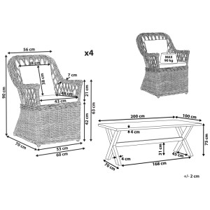Ensemble de jardin Beliani Maros/Olbia: Dimensions de 4 fauteuils en rotin avec coussins et table à manger effet béton. Pour terrasse.