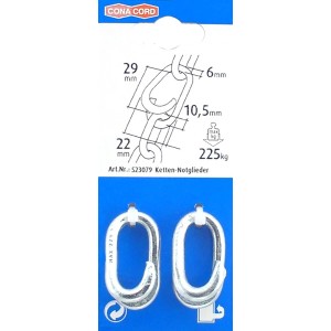 Zwei silberne Conacord Ketten-Notglieder aus Stahl, oval und offen. Ø 6 mm, 29 mm lang. Ideal für Haken- & Ösen-Sets.