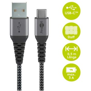 Cavo tessile USB-A a USB-C robusto, lunghezza 0,5 m per computer e multimedia.