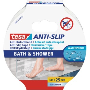 Nastro antiscivolo Tesa per bagno e doccia, trasparente, 5 m x 25 mm.