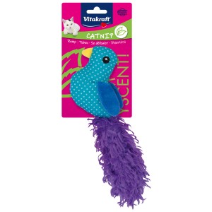 Vitakraft Oiseau Catnip Peluche : Jouet pour chat bleu avec herbe à chat et queue violette.