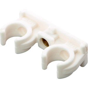 Clip per tubo doppio bianco Ø 15 mm in plastica con filettatura M6 per due tubi.