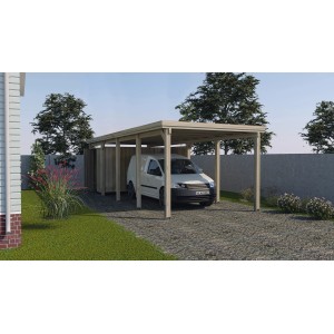 Weka carport a tetto piatto 617 misura 3 con lamiera trapezoidale, auto inclusa. Costruzione in legno con tetto piatto.